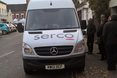 Serco virtual court van apparently parked on double yellow line. 