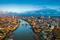 An aerial view over the River Thames